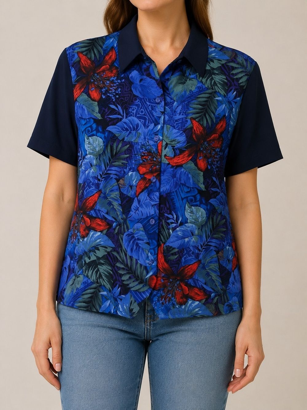 Vintage Caribou NY Blue Tropical Floral Blouse XL Retro Made in USA Resort